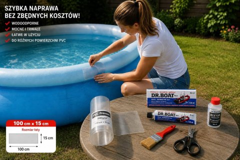 KLEJ 120 ml + DUŻA ŁATA 1m x 15 cm ZESTAW NAPRAWCZY PONTON PLANDEKA