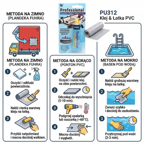 Klej Professional PU-312 100ml naprawa Ponton basen deska SUP Plandeka PVC