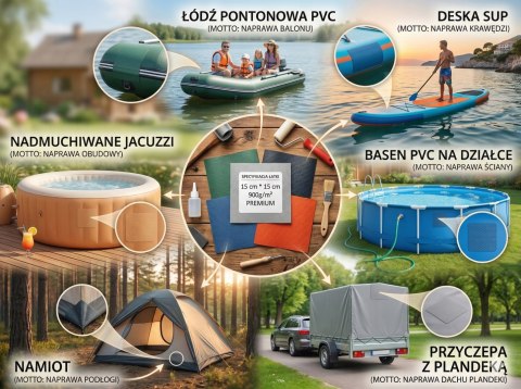 Łata PCV 15x15 cm do naprawy pontonu basenu materaca deski SUP Wybór koloru
