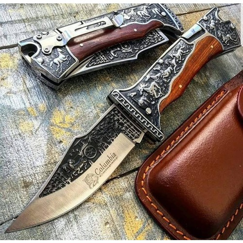 Folding Knife Columbia Engraved Wood Camping
